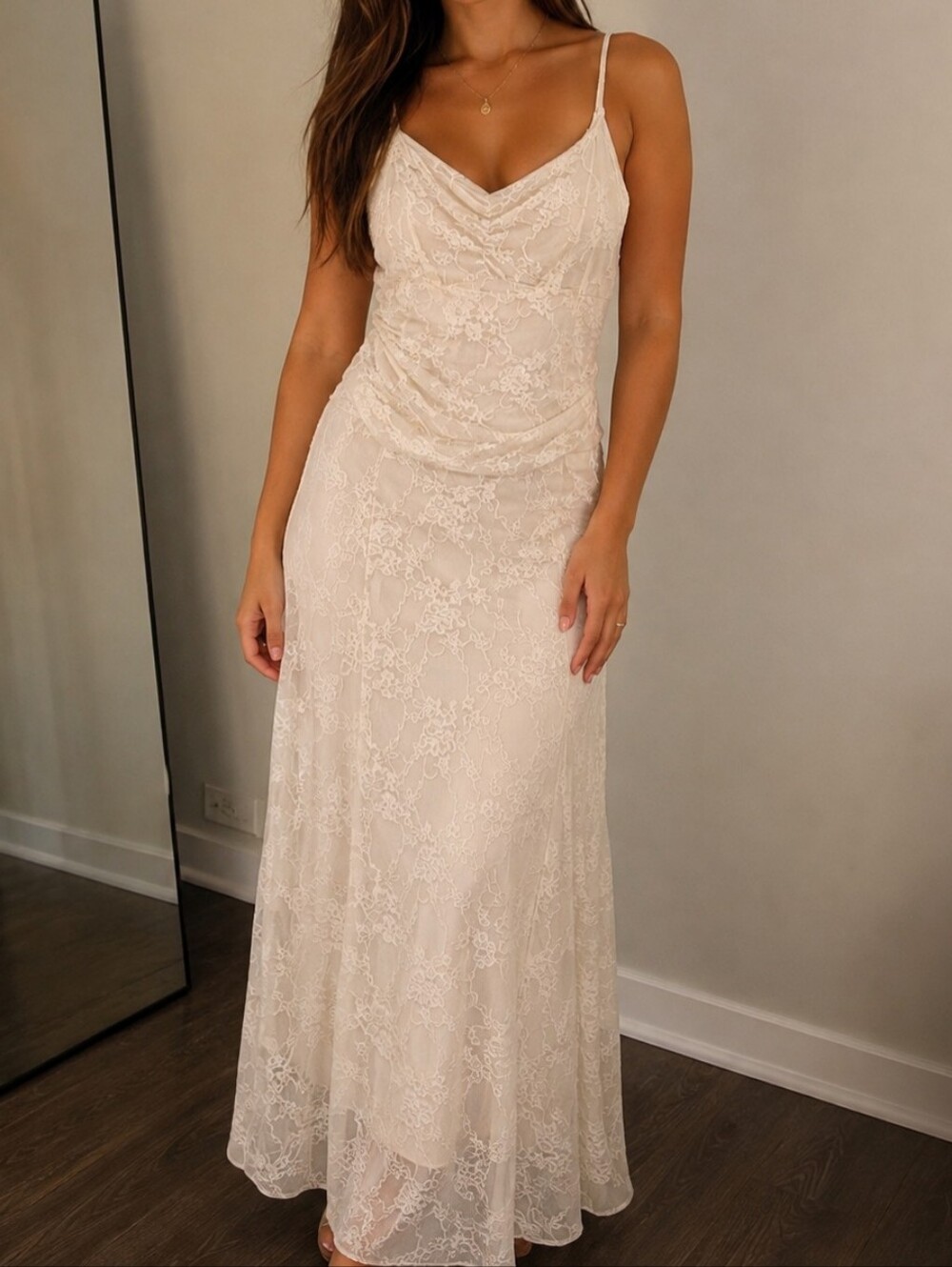 See You Monday Ivory Lace Cowl Maxi Dress